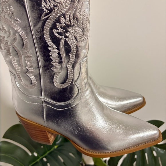 Women Western Cowboy Boots Pointed Toe Silver Metallic Cowgirl Women's Size 7 8 - Picture 12 of 14